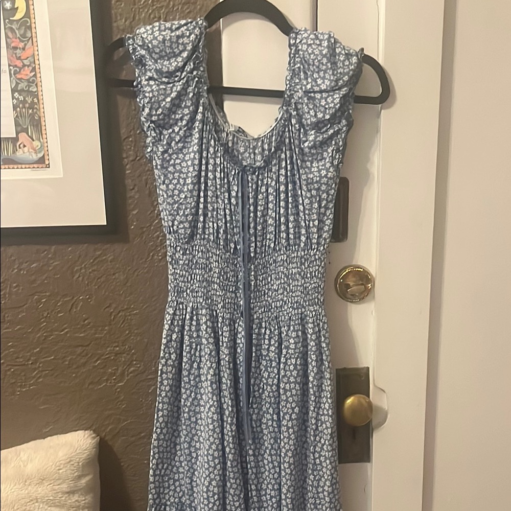 Blue Midi Sundress with Flutter Sleeves and Cowl Neck for Wedding Guest